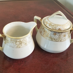 Antique Nippon - Maple Leaf Nippon - Hand Painted Gold Gilt Porcelain - Creamer And Sugar Bowl - 1891