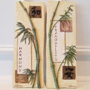 Harmony and Tranquility  - Bamboo Textured in Relief Ceramic Tiles - Set of 2 - Wall Plaques
