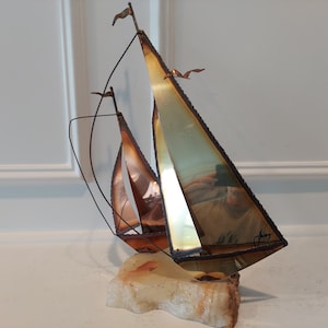 Curtis Jere - Sculpture Art In Metal - Vintage Brass Sailboat Sculpture 12 1/2 Inches High - Onyx Base - Signed By The Artist
