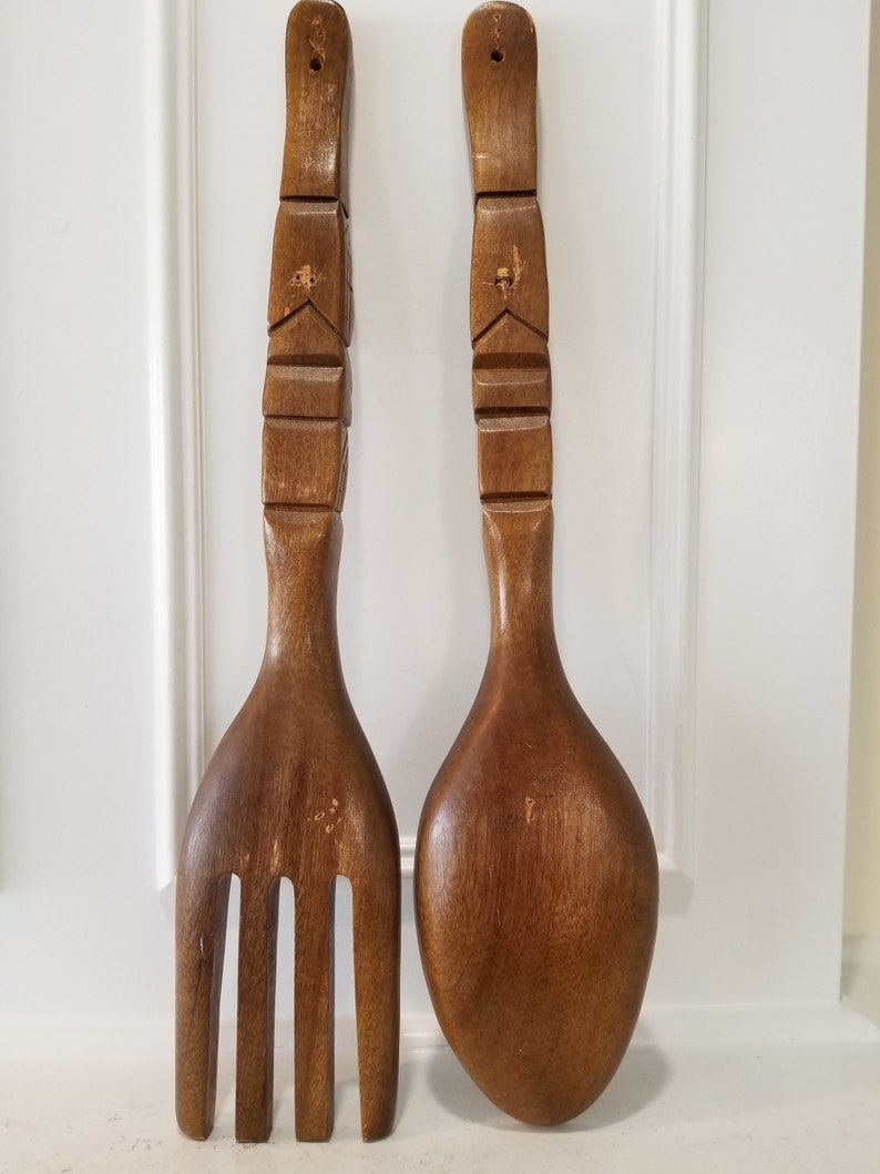 Vintage Extra Large Wood Fork And Spoon 22 Inches Wall