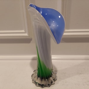 Murano Style Glass Leaf Top Vase - Jack In The Pulpit Green, Blue And White Art Glass