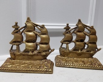 housewarming gift brass ship bookends vintage bookends beach house, vintage brass tall ship bookends nautical library home office