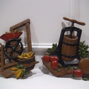 Vintage Metal Homco USA 1978 Corn Sheller & Cider Press Wall Plaques - Set of 2