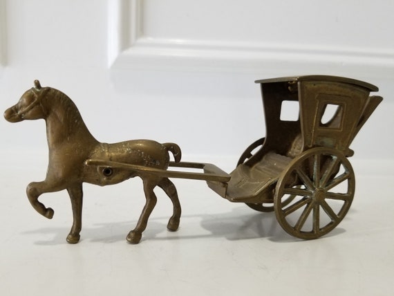 Vintage Brass Chariot & Horse Cart Moving Wheels 