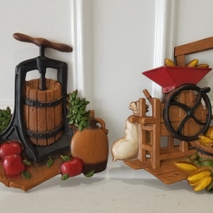 Vintage Metal Homco USA 1978 Corn Sheller & Cider Press Wall Plaques - Set of 2
