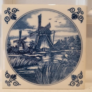 Delft Handpainted Tile - Vintage Handmade Ceramic Delft Holland Tile - Ship Design Tile Made in Holland