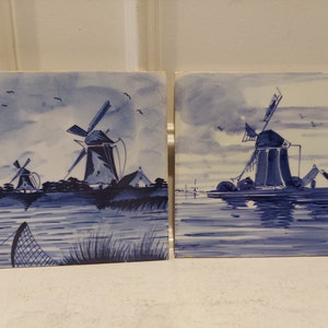 Delft Handpainted Tiles - Vintage Handmade Ceramic Delft Holland Tile - Made in Holland - Set of 2