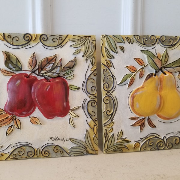 Fruits Ceramic Tiles - Wall Plaque - Joy Alldredge Artist - High Level of Details - Set of 2 - Apples and Pears