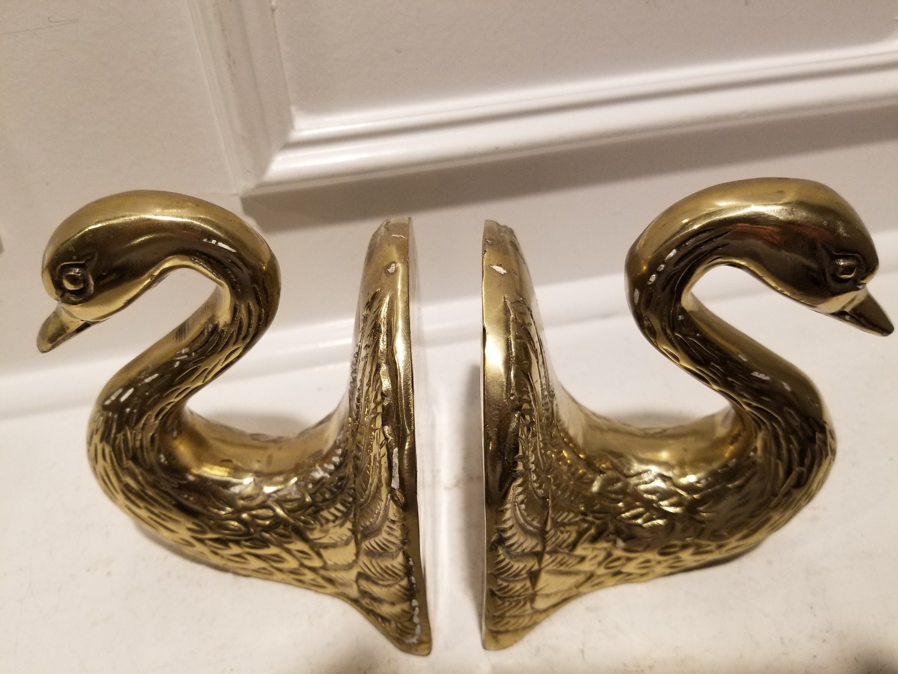 Vintage Solid Brass Swan Bookends