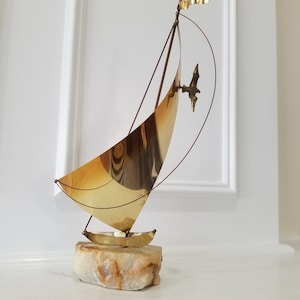 Sculpture Art In Metal - Vintage Brass Sailboat Sculpture - Marble Base - Signed By The Artist