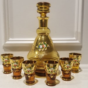 Venetian Murano Liquor Set Decanter and 6 Glasses - Enamel And Gold -Cherry Flower Design - Hand Painted - Made in Italy