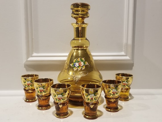 Venetian Murano Liquor Set Decanter and 6 Glasses - Enamel and
