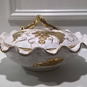 Mid Century Modern Made in Italy Gold and White Lidded Bowl - Grape Design