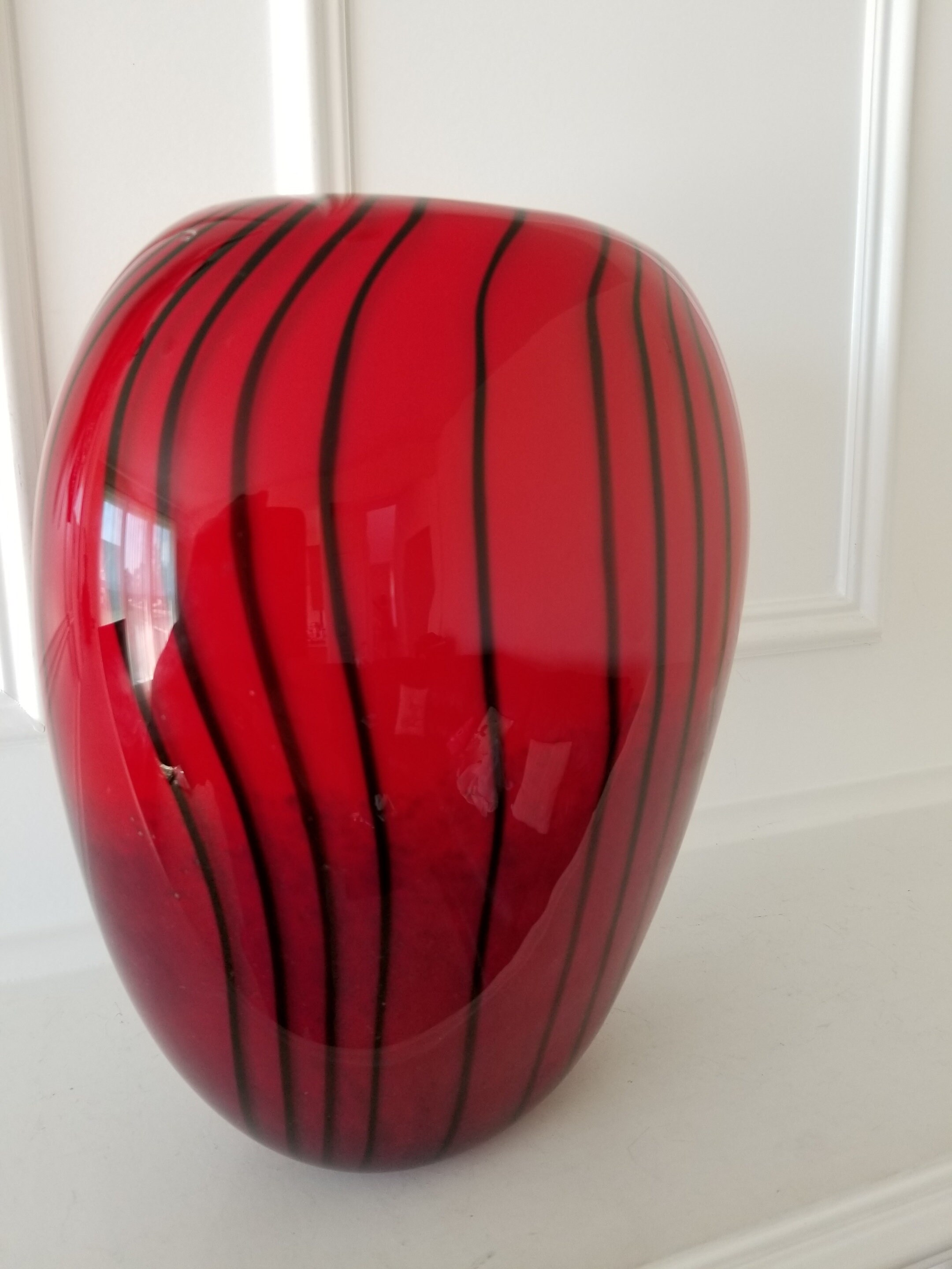 Art Glass Vase Beautiful Red With Black Inserts Glass Vase Etsy