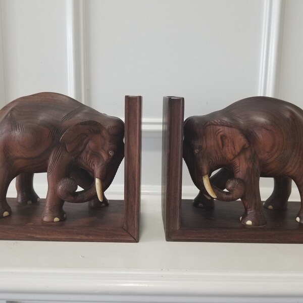 Vintage Large Bookends Carved Wood Elephant Sculptures - Figurines