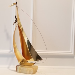 Sculpture Art In Metal - Vintage Brass Sailboat Sculpture - Marble Base - Signed By The Artist
