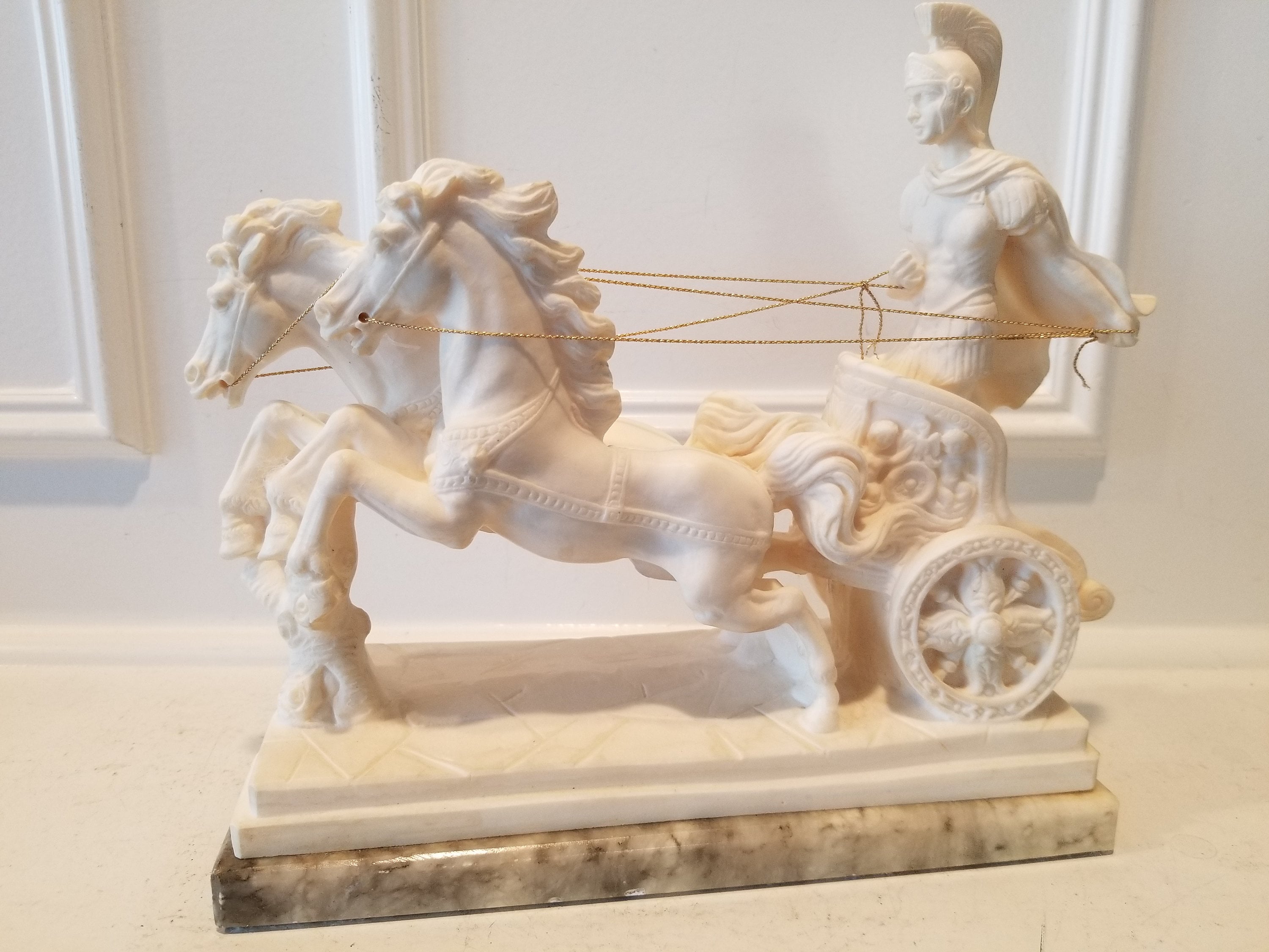 Antique Ivory Stone Roman Chariot - Warrior & Horses Cart