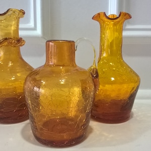 Viking Hand Made Crinkle Glass Decanter - Set of 3- Hand Blown Amber Crackle Glass Small Pitcher or Vase with Applied Handle Vintage