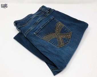 Midrise Dark Wash Pants with Rhinestone Pockets - Size 12