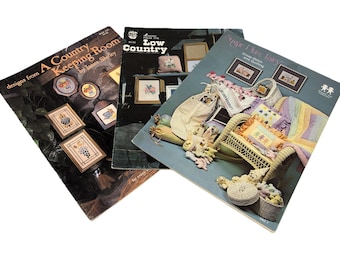 Vintage Country Cross Stitch Pattern Booklets Set - 3 Rustic Needlework Guides for Home Decor