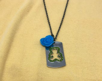 Princess Vera Wang Teddy Bear Dog-Tag Pendant Necklace with Blue Flower Accent