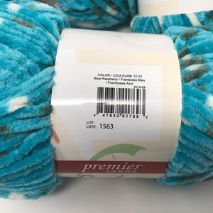 May include: A skein of plush, velvet-textured yarn in a variegated pattern of bright turquoise, white, and dark grey. A white paper label wraps around the center, displaying the text Premier Yarns, color 31-01 Blue Raspberry, and a barcode.
