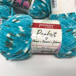 May include: A skein of Premier Yarns Parfait yarn featuring a soft, velvet-like texture in a variegated pattern of bright turquoise, white, and dark gray. The white paper label displays the brand name, product name, and a net weight of 3 oz.