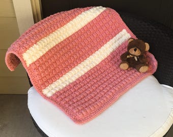 Sparkle Yarn Pink White Bobble Stitch Blanket for Baby