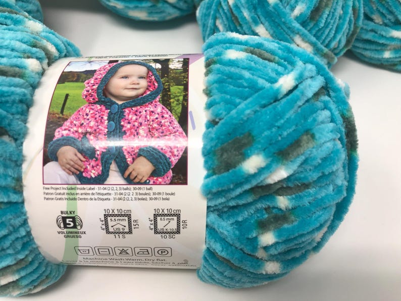 May include: A skein of bulky weight 5 yarn in a variegated turquoise, dark green, and white colorway. The paper label features a photograph of a child wearing a hooded jacket and includes technical knitting and crochet gauge information.