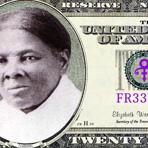Puede incluir: Un billete de veinte dólares con un retrato de Harriet Tubman en un marco circular. El texto dice THE UNITED STATES OF AMERICA, TWENTY, TUBMAN, Elizabeth Warren, Secretary of the Treasury y FR33D0M, con un símbolo morado de Prince.