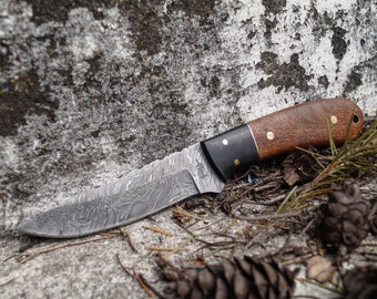 Custom Handmade Damascus Steel Knife with Leather Sheath (Micarta & Walnut Wood handle)