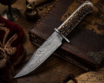 Handmade 1095 Damascus Steel Fixed Blade Bowie knife With Leather Sheath (Stag Handle)