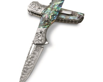 VG10 Damascus Steel Folding Pocket Knife with Leather Sheath (Abalone Handle)