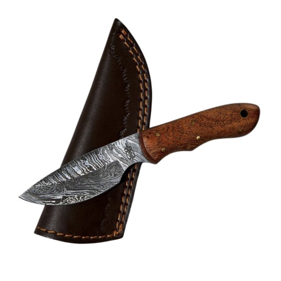 Custom Handmad Mini Hunter 1095 Damascus Steel With Walnut Wood Handle And Leather Sheath Included