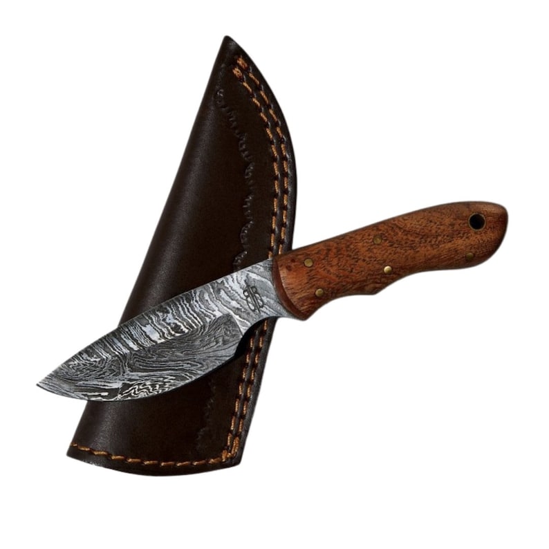 Custom Handmad Mini Hunter 1095 Damascus Steel With Walnut Wood Handle And Leather Sheath Included image 1