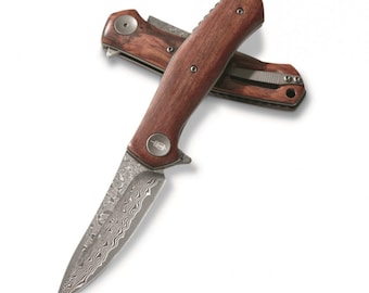 VG10 Damascus Folding Pocket Knife With Mkuruti Wood (Pocket Clip)