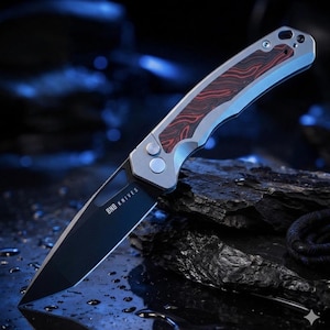 May include: A folding knife with a black blade and a handle featuring red and silver accents. The knife has the text "BNB KNIVES" on the blade. The knife is displayed on a dark, textured surface.