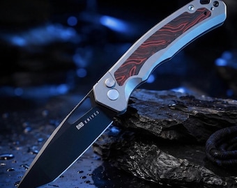 14C28N Steel Button lock Folding Pocket Knife with Durable Aluminum G10 Damascus Handle (Reversible Pocket Clip)