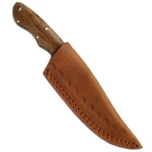 May include: A brown leather knife sheath with a decorative stitching pattern. The sheath is empty and the knife is not visible.