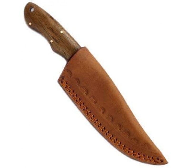 May include: A brown leather knife sheath with a decorative stitching pattern. The sheath is empty and the knife is not visible.