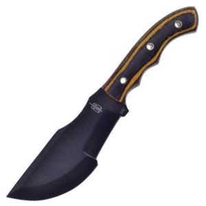 May include: A black fixed blade knife with a black and brown wood handle. The blade has a slight curve and a rounded tip. The handle has a textured surface and a D2 marking.