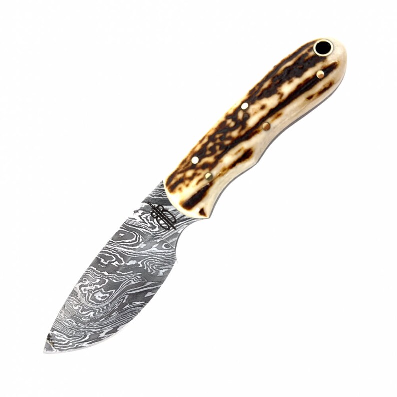 Custom Handmad Mini Hunter 1095 Damascus Steel With Walnut Wood Handle And Leather Sheath Included image 5