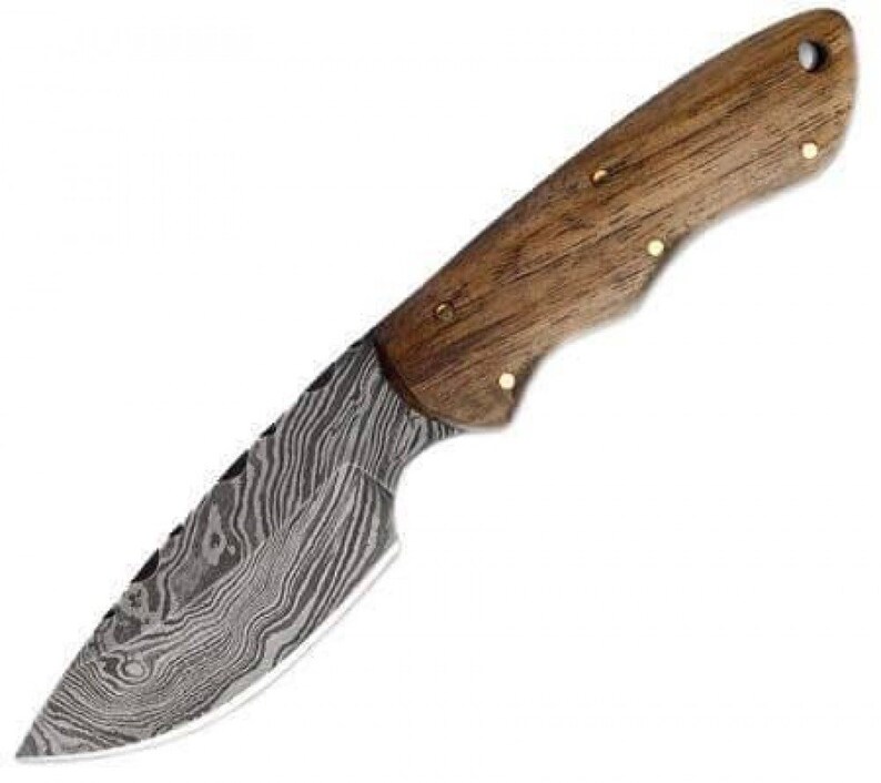 Custom Handmad Mini Hunter 1095 Damascus Steel With Walnut Wood Handle And Leather Sheath Included image 3