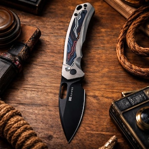 14C28N Steel Button lock Folding Pocket Knife with Durable Aluminum G10 Damascus Handle (Reversible Pocket Clip)