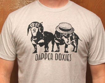 SALE! DAPPER DOXIES Light Grey Unisex T Shirt, Dachshund, Doxie, Doxies, Weiner Dog, Dachshund Shirt, Wiener Dog, Sausage Dog, Vintage Look
