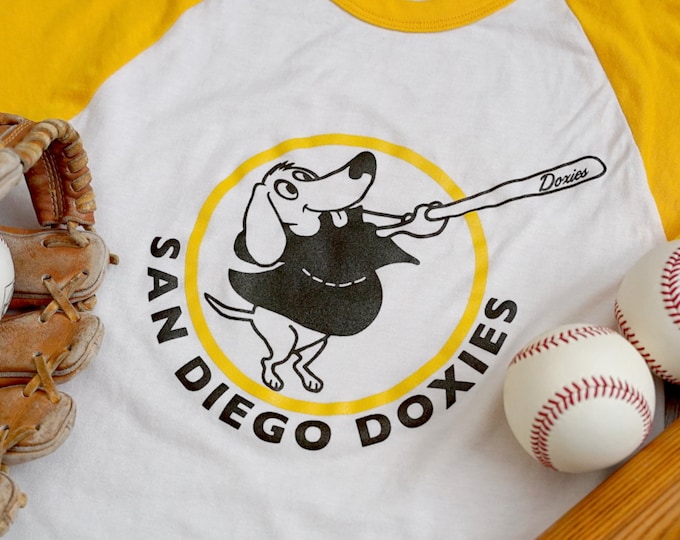 Featured listing image: SAN DIEGO DOXIES - Yellow & Vintage White 3/4 Baseball T-Shirt