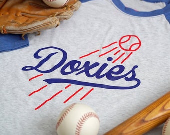 LOS ANGELES DOXIES - Dodger Blue & Heather White Unisex Baseball Shirt, Doxie, Wiener Dog, Weiner Dog, Dachshund Gift, Dodgers, L.A. Doxies,