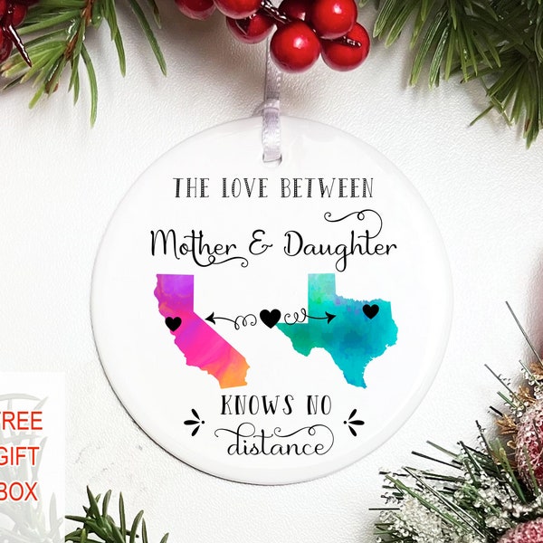Mother Daughter Long Distance Ornament -All States, State Ornament, Hearts Over Cities - Personalized Gift, Gift from Daughter, Christmas