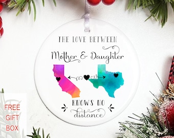 Mother Daughter Long Distance Ornament -All States, State Ornament, Hearts Over Cities - Personalized Gift, Gift from Daughter, Christmas