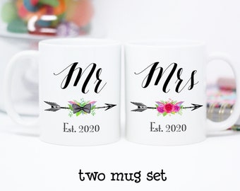 Mr and Mrs Mug Set, Mr and Mr, Mrs and Mrs, Custom Date, Personalized, Engagement Gift, Wedding Gift, Anniversary Gift, Bride and Groom